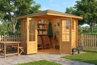 Abri de jardin pentagonal Sunny B Alpholz, 27x27m dim ext (cas échéant incl débord de toit) imprégné, 28mm, 7,2m² superficie total