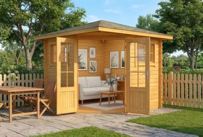 Abri de jardin pentagonal Sunny B Alpholz, 27x27m dim ext (cas échéant incl débord de toit) imprégné, 28mm, 7,2m² superficie total
