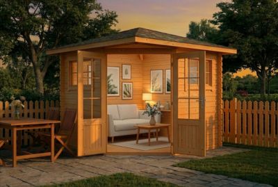 Abri de jardin pentagonal Sunny B Alpholz, 27x27m dim ext (cas échéant incl débord de toit) imprégné, 28mm, 7,2m² superficie total