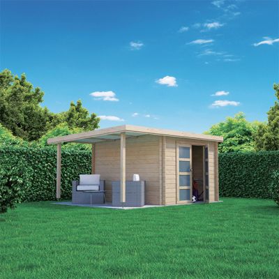 Abri de jardin + pergola Skara en bois coloris natuel ép.28 mm surface extérieure 10,65 + 5,51 m²
