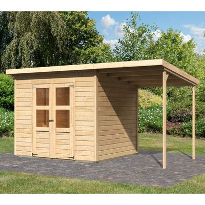 Abri de jardin épicéa nordique 5,2m² avec appentis, embase, double porte Karibu Merseburg 5 naturel
