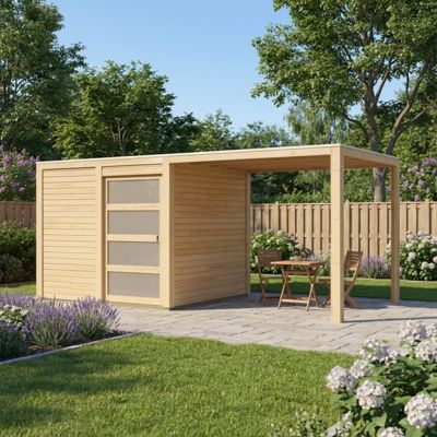 Abri de jardin Qubic Karibu en bois massif 19mm, 6,05m² toit plat avec appentis 5,6m² et embase autoclave, marron