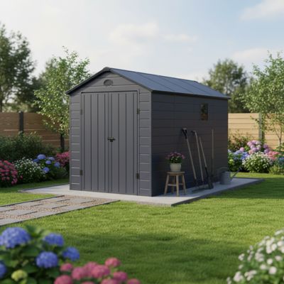 Abri de jardin résine anthracite 6,99m² double porte + kit fondation Jôbu