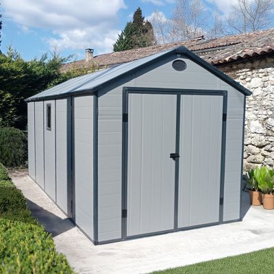 Abri de jardin résine gris 11m² avec double porte et kit fondation - Jôbu