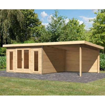 Abri de jardin toit plat Karibu Radeburg 3, 13,60m² bois massif 40mm, appentis 330cm avec paroi arrière, marron, embase incluse