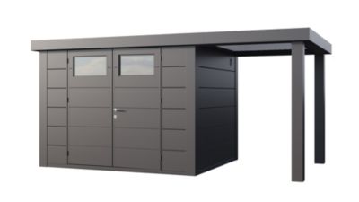 Abri métal Classico 3024 de 7,1 m² anthracite avec auvent de 4 m² ouvert  à droite - TELLURIA