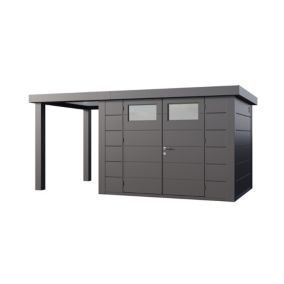 Abri métal Classico 3024 de 7,1 m² anthracite avec auvent de 4 m² ouvert  à gauche - TELLURIA