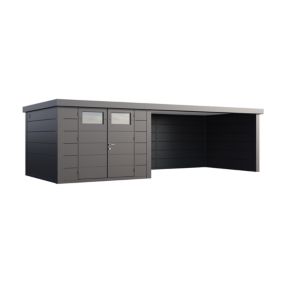 Abri métal Classico 3030 de 8,9 m² anthracite avec auvent 13,8 m² extra large fermé à droite - TELLURIA