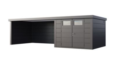 Abri métal Classico 3030 de 8,9 m² anthracite avec auvent 13,8 m² extra large fermé à gauche - TELLURIA