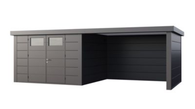 Abri métal Classico 3330 de 9,8 m² anthracite avec auvent 10,2 m² large fermé - TELLURIA