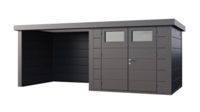 Abri métal de 6,4 m² anthracite avec un auvent fermé à gauche de 6,8 m² - TELLURIA CLASSICO 2724