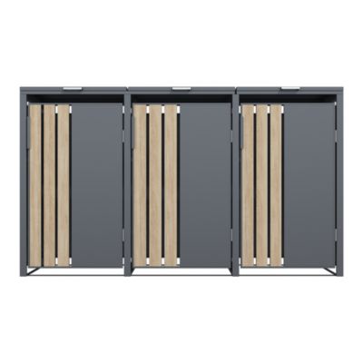Abri poubelle cache poubelle 3 bacs 240L gris imitation bois en acier galvanisé toit plat avec vérins à gaz