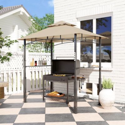 Abri pour barbecue - 2 étagères, 8 crochets, lumière LED, décapsuleur - métal noir tissu kaki