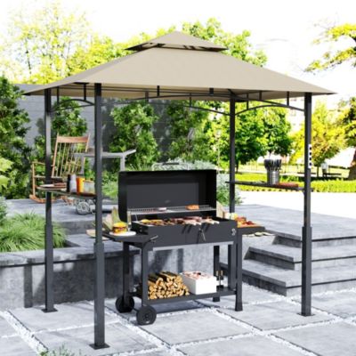 Abri pour barbecue - 2 étagères, 8 crochets, lumière LED, décapsuleur - métal noir tissu kaki