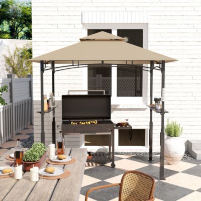 Abri pour barbecue - 2 étagères, 8 crochets, lumière LED, décapsuleur - métal noir tissu kaki