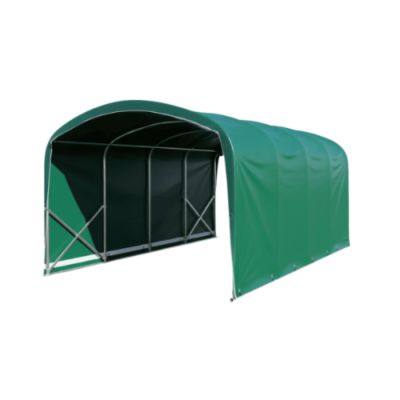 Abri tunnel largeur 3 m pieds droits pas à 1.50 m - Long 9 m, type Camion 720 gr/m gris/blanc, Façade 1 porte simple et 1 façade