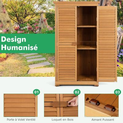 Abris de Jardin en Bois de Sapin avec Portes à Persiennes et Toit en Bitume 2 Etagères Amovibles, 160 CM Naturel