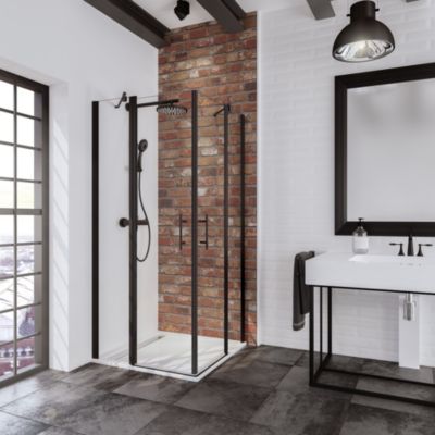 Accès d'angle droit avec porte de douche battantes, 80 x 80 cm, Schulte, NewStyle, verre transparent anticalcaire, profilés noirs