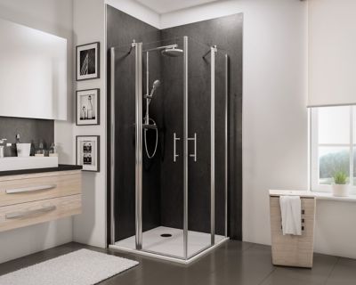 Accès d'angle droit avec porte de douche battantes, 80 x 80 cm, Schulte, NewStyle, verre transparent anticalcaire