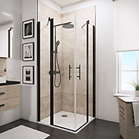 Accès d'angle droit avec portes de douche battantes, 90 x 90 cm, Schulte, NewStyle, verre transparent anticalcaire, profilés noirs
