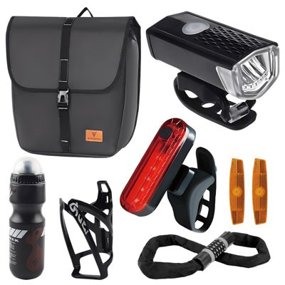 Accessoires de Vélo 8 en 1, Sac de Selle, Lumières LED Avant et Arrière, Réflecteurs, Gourde avec Porte-Bidon et Antivol à Code