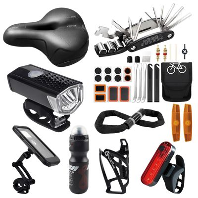 Accessoires de Vélo 8 en 1, Selle, Outils Multifonctions, Lumières, Porte-Bidon, Support Téléphone et Kit de Réparation de Pneus