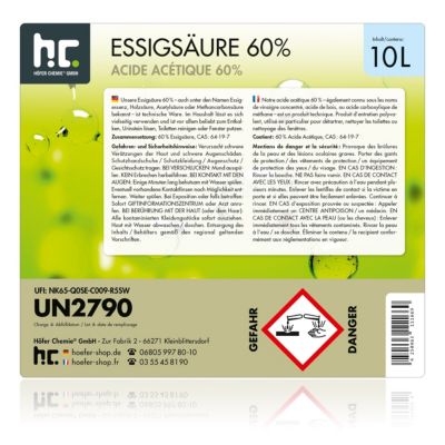 Acide Acétique 60 %, 1 x 10 L : Nettoyant Concentré,  Et Économique Pour Un Usage Ménager Polyvalent