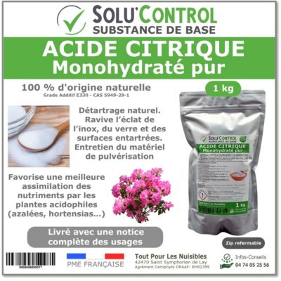 Acide citrique monohydraté pur 1 kg - 100% d'origine naturel - Nettoyer, détartrer, raviver l'inox et corriger le pH