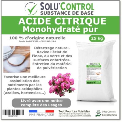 Acide citrique monohydraté pur 25 kg - 100% d'origine naturel - Nettoyer, détartrer, raviver l'inox et corriger le pH