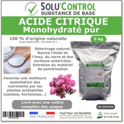 Acide citrique monohydraté pur 5 kg - 100% d'origine naturel - Nettoyer, détartrer, raviver l'inox et corriger le pH