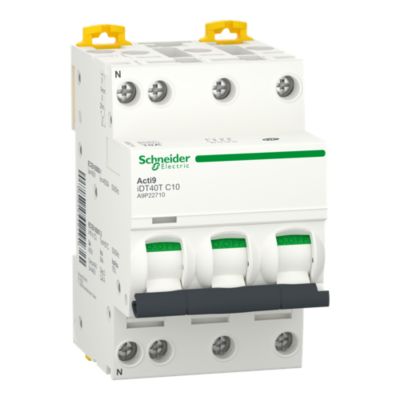 Acti9 iDT40T A9P22710 - Disjoncteur modulaire 3P+N 10A Courbe C 4500A/6kA
