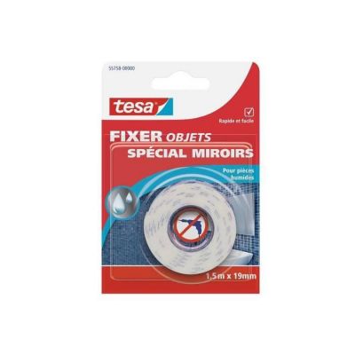 Adhésif de fixation miroirs - TESA - FIXER OBJET 1,5x19 mm - Résistant humidité - Soutient 70x70 cm - 1 kg/10 cm