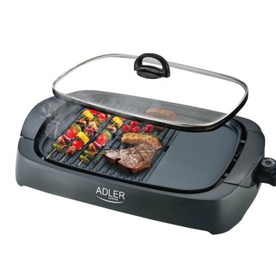 Adler Grill électrique 3000W - Couvercle en verre - 2 zones de cuisson et Spatule incluse