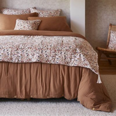 ADONIS - Chemin de Lit  90x200cm Gaze de Coton Blanc Imprimé Fleur Détail 4 Pompons