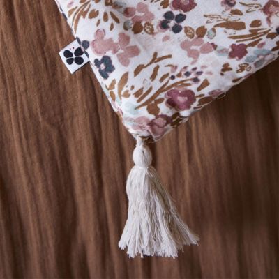 ADONIS - Chemin de Lit  90x200cm Gaze de Coton Blanc Imprimé Fleur Détail 4 Pompons