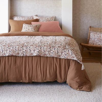 ADONIS - Chemin de Lit  90x200cm Gaze de Coton Blanc Imprimé Fleur Détail 4 Pompons