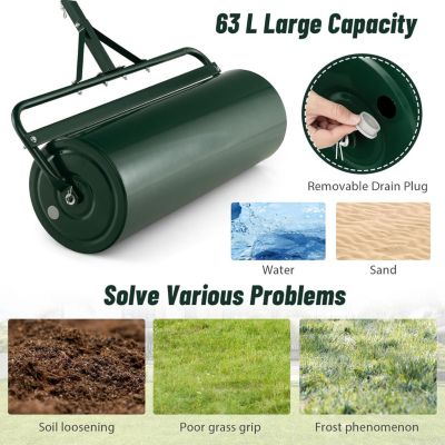 Aerateurs de Gazon Manuels 63L, Rouleau a Gazon de Jardin avec Poignee Reglable et Pare-salete, Remplissable avec Eau et Sable