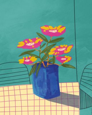 Affiche vase bleu et fleurs roses l.40 x H.50 cm Dada Art