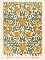 Affiche William Morris motifs, exposition, fleurs, feuilles l.30 x H.40 cm orange, bleu, beige