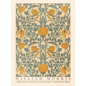 Affiche William Morris motifs, exposition, fleurs, feuilles l.30 x H.40 cm orange, bleu, beige