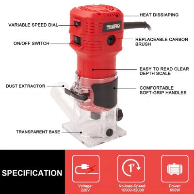 Affleureuse Électrique 650W 15000-32000 RPM Avec Housse Anti Poussière, Affleureuse à Bois Avec 5 Fraises Queue de 1/4", 6
