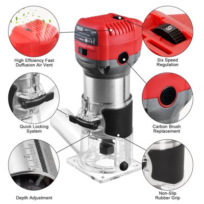 Affleureuse Électrique 710W 13000-33000 RPM Avec Housse anti Poussière, Affleureuse à Bois Avec 15 Fraises Queue de 1/4", 6