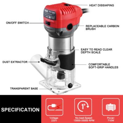 Affleureuse Électrique 710W 13000-33000 RPM Avec Housse anti Poussière, Affleureuse à Bois Avec 15 Fraises Queue de 1/4", 6