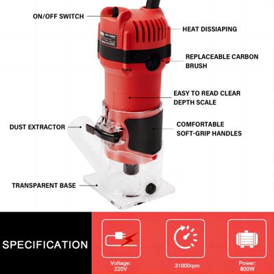 Affleureuse Électrique 800W 31000 RPM Avec Housse anti Poussière, Affleureuse à Bois Avec 15 Fraises Queue de 1/4", Base Fixe