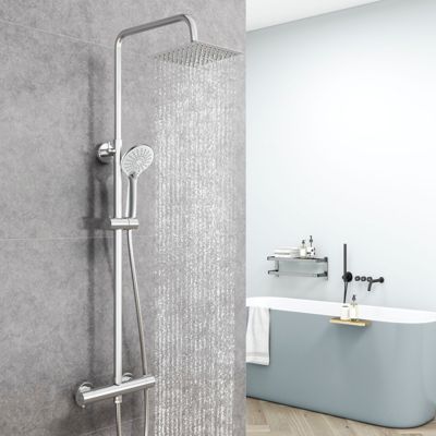 AICA Colonne de douche thermostatique, Acier inoxydable Pomme 200mm+Douchette 3 jets, Chromé