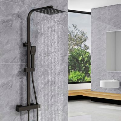 AICA Colonne de douche thermostatique avec pomme de tête, Carré, douchette et flexible,noir mat