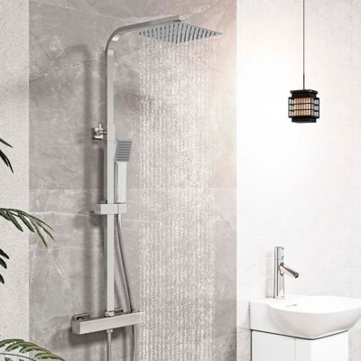 AICA colonne de douche thermostatique avec pomme de tête, douchette et flexible,effet chromé,Carré