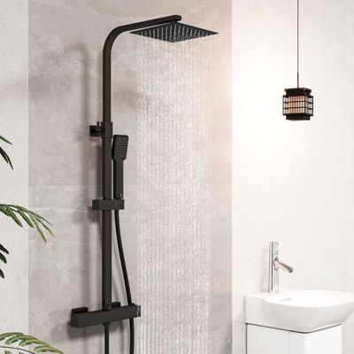 AICA colonne de douche thermostatique avec pomme de tête, douchette et flexible,noir mat, Carré