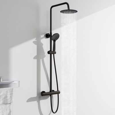 AICA Colonne de douche thermostatique noire mate, avec douche de tête ronde et douchette à main réglable en plusieurs modes