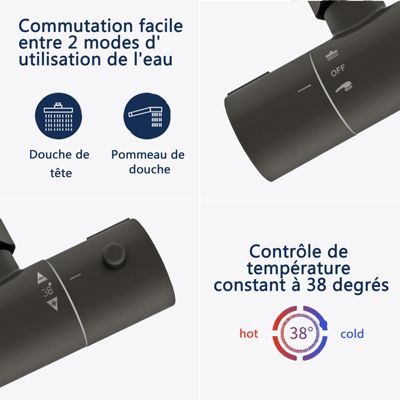AICA Colonne de douche thermostatique noire mate, avec douche de tête ronde et douchette à main réglable en plusieurs modes